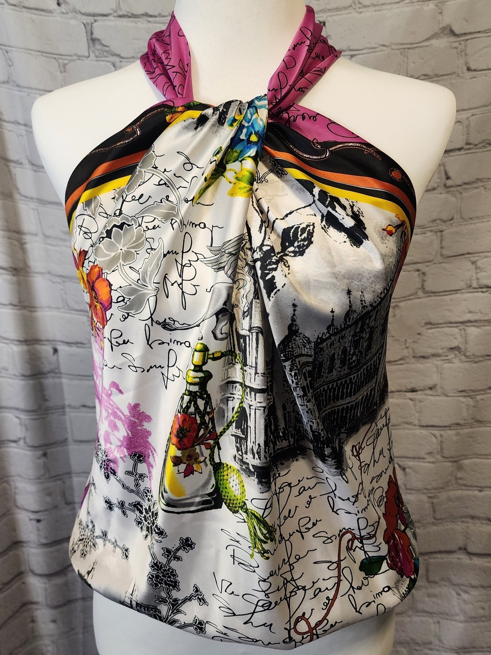 Cache Multicolor Printed Scarf-style Halter Camisole with Pink Neck Tie